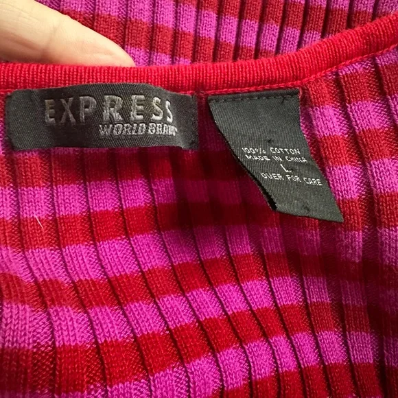 Vintage Express World Brand Ribbed Stripe Sweater Y2K 90s Red Pink Long Sleeve - Picture 3 of 6